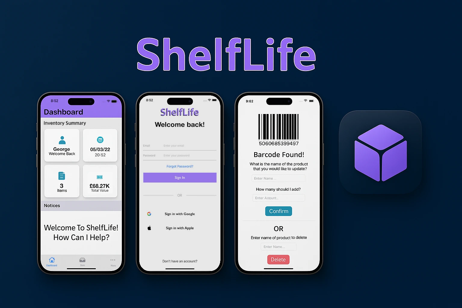 Screens from the Stock Management App